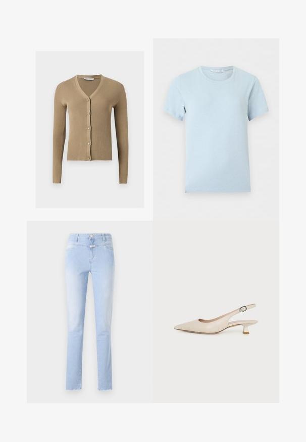 Beige Rippenstrick-Cardigan mit V-Ausschnitt, langen Ärmeln und fünf vorderen Knöpfen.; Hellblaues T-Shirt mit kurzen Ärmeln und Rundhalsausschnitt mit sichtbarem Markenlabel im Kragen vor einfarbigem Hintergrund.; Hellblaue Jeans aus Denim mit geradem Schnitt, einem verwaschenen Finish, fünf Taschen, leichten Ausfransungen am Saum und einem Knopfverschluss vorne.; Beiger Slingback-Schuh mit spitzer Spitze, niedrigem Kitten-Heel und verstellbarer seitlicher Schnalle auf weißem Hintergrund.