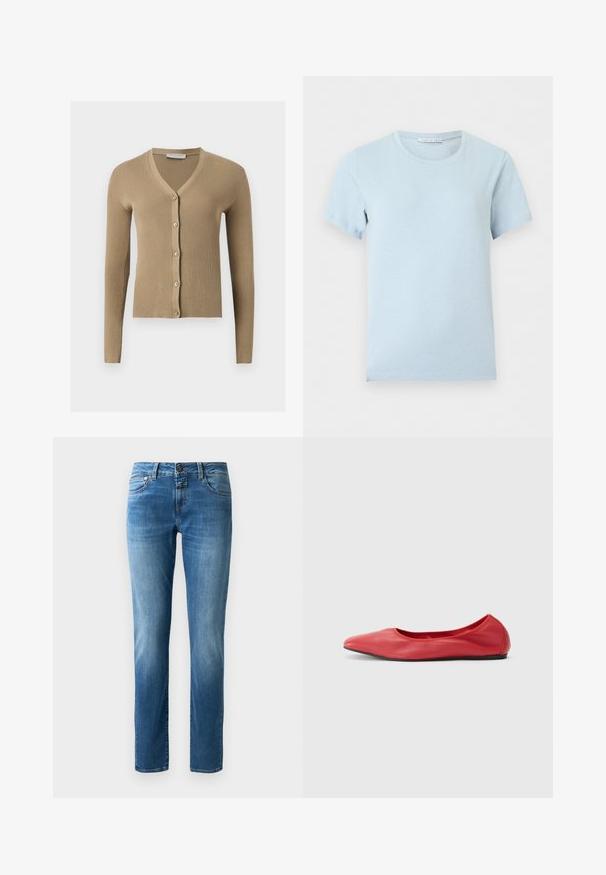 Cardigan beige en maille côtelée avec encolure en V, manches longues et cinq boutons à l'avant.; T-shirt bleu clair manches courtes à col rond avec une étiquette de marque visible à l'intérieur du col sur fond uni.; Jean en denim bleu avec un design à jambe droite, doté d'une fermeture à bouton, de cinq poches et d'une légère décoloration. Texture lisse avec des coutures oranges.; Filippa K REY FLATS - Ballerines - bright red