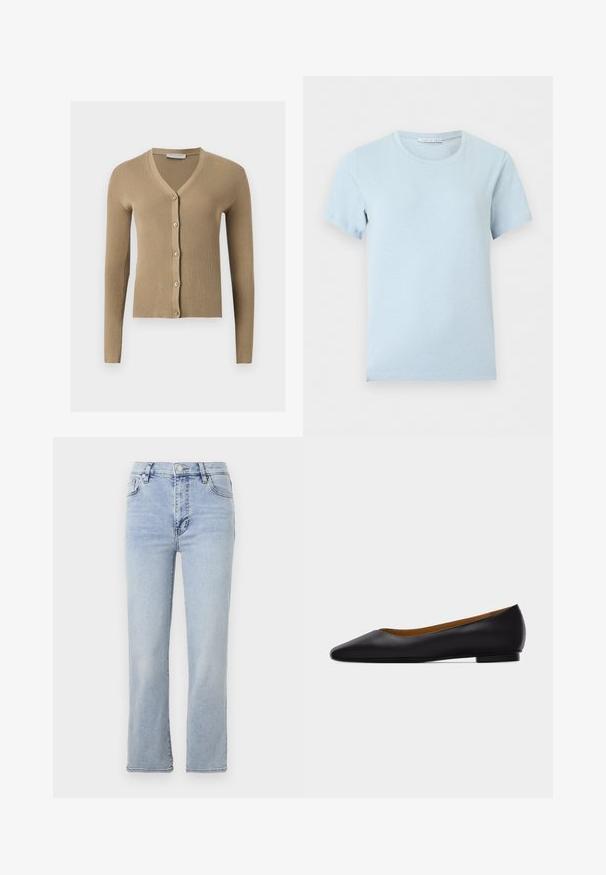 Beige Rippenstrick-Cardigan mit V-Ausschnitt, langen Ärmeln und fünf vorderen Knöpfen.; Hellblaues T-Shirt mit kurzen Ärmeln und Rundhalsausschnitt mit sichtbarem Markenlabel im Kragen vor einfarbigem Hintergrund.; Hellblaue Jeans aus Denim mit geradem Bein, fünf Taschen, einem Knopf- und Reißverschluss sowie sichtbaren Nahtdetails.; Schwarzer flacher Schuh aus Leder mit spitz zulaufender Vorderkappe, niedrigem Absatz und glatter Oberfläche, von der Seite vor einem hellgrauen Hintergrund dargestellt.