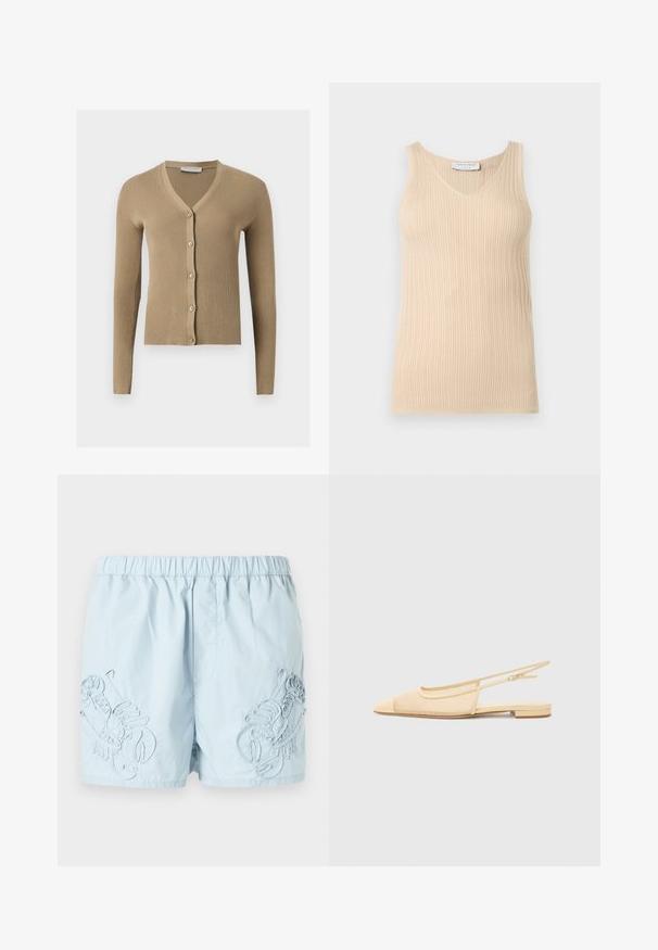 Cardigan beige en maille côtelée avec encolure en V, manches longues et cinq boutons à l'avant.; Haut sans manches beige en maille côtelée avec un col en V et une étiquette "Tiger of Sweden" au niveau du col sur un fond clair uni.; Shorts de bain bleu clair avec broderie de homard sur les côtés, taille élastique et tissu lisse et léger.; Chaussure plate slingback en beige clair avec une tige en maille, un bout pointu et un petit talon. Dotée d'une sangle ajustable pour un bon maintien.
