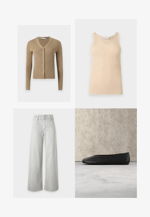 Cardigan beige en maille côtelée avec encolure en V, manches longues et cinq boutons à l'avant.; Haut sans manches beige en maille côtelée avec un col en V et une étiquette "Tiger of Sweden" au niveau du col sur un fond clair uni.; Jean gris clair taille haute à jambes larges, avec poches avant, passants de ceinture et ceinture en tissu assortie avec boucle.; Ballerine en cuir noir avec un bout arrondi, texture lisse et un accent logo doré sur le côté. Placée au-dessus d'une surface réfléchissante.