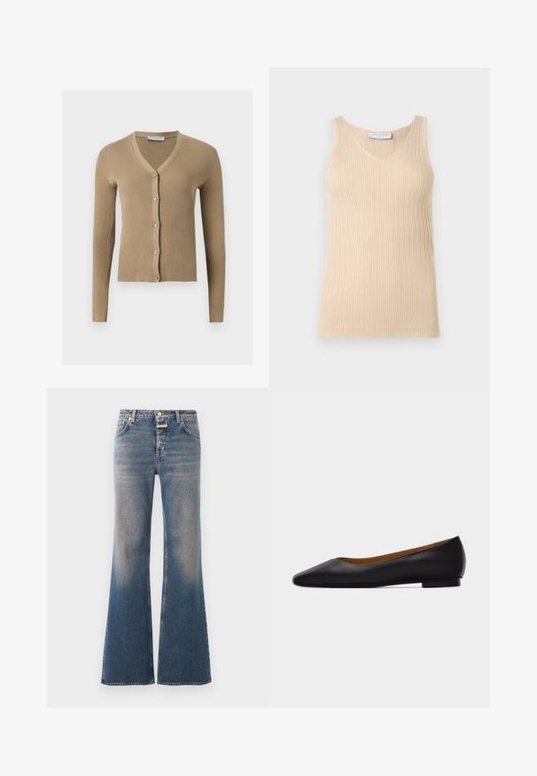 Cardigan beige en maille côtelée avec encolure en V, manches longues et cinq boutons à l'avant.; Haut sans manches beige en maille côtelée avec un col en V et une étiquette "Tiger of Sweden" au niveau du col sur un fond clair uni.; Jean en denim bleu délavé avec une taille haute, style classique cinq poches, fermeture par boutons et jambes évasées larges.; Chaussure plate en cuir noir à bout pointu avec talon bas et finition lisse, vue de côté sur un fond gris clair.