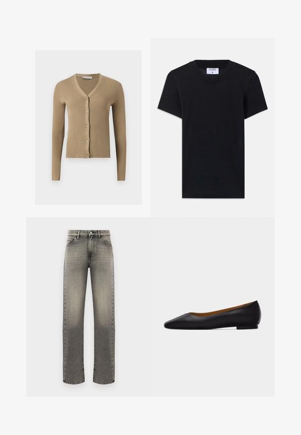 Beige ribstrikket cardigan med V-hals, lange ærmer og fem knapper foran.; Sort bomulds T-shirt med rund hals, korte ærmer og en afslappet pasform. Etiketten viser "FILIPPA K" ved halsudskæringen.; Grå denimjeans med lige ben, der har et falmet mønster, fem lommer og stikninger langs sømme og talje.; Sort læder flad sko med spids tå, lav hæl og glat finish, vist fra siden på en lysegrå baggrund.