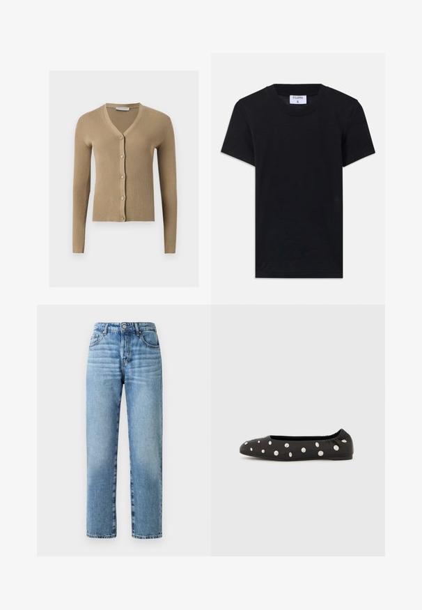 Beige ribstrikket cardigan med V-hals, lange ærmer og fem knapper foran.; Sort bomulds T-shirt med rund hals, korte ærmer og en afslappet pasform. Etiketten viser "FILIPPA K" ved halsudskæringen.; Lyst blå denimjeans med lige ben, synlige syninger, knaplukning og fem lommestil.; Sort ballerinasko med elastisk bag på skaftet og spredte store sølvfarvede runde nitter på overdelen, vist i profil mod en hvid baggrund.