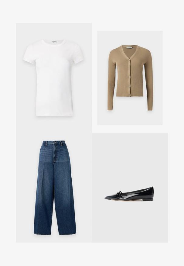 Cardigan beige en maille côtelée avec encolure en V, manches longues et cinq boutons à l'avant.; T-shirt à manches courtes blanc côtelé avec un col rond. Le tissu semble lisse avec une silhouette ajustée. Étiquette de marque visible au niveau du col.; Jeans en denim à jambes larges de couleur bleu foncé. Présentent une taille haute, une fermeture à glissière et une décoloration subtile. Fabriqués à partir d'un tissu en coton texturé.; Chaussure plate en cuir verni noir avec un bout pointu, une petite lanière décorative et un petit talon carré. Texture lisse et design épuré.