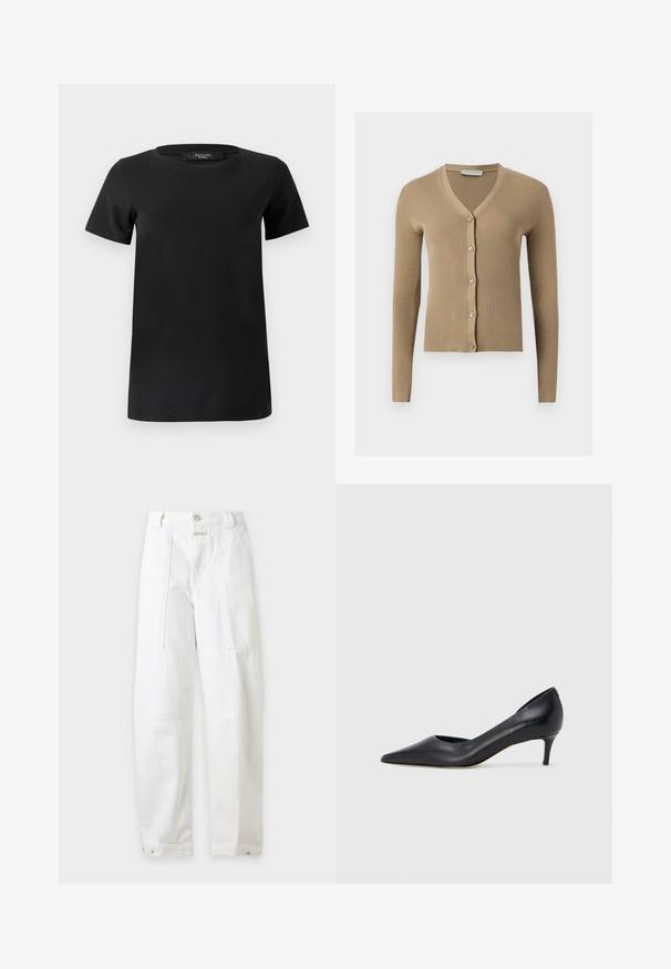 Cardigan beige en maille côtelée avec encolure en V, manches longues et cinq boutons à l'avant.; T-shirt noir à manches courtes en tissu de coton doux, doté d'un col rond et d'un design simple et classique sans ornements.; Pantalon blanc taille haute à jambes larges avec poches avant, passants pour ceinture, fermeture par boutons et poignets pression réglables aux chevilles.; Escarpin en cuir noir avec un bout pointu et un talon bas. Présente une texture lisse et un éclat subtil. Découpe ouverte à l'avant pour un détail supplémentaire.