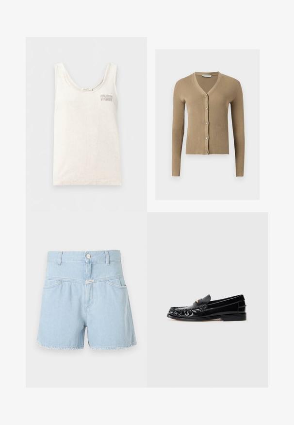 Cardigan beige en maille côtelée avec encolure en V, manches longues et cinq boutons à l'avant.; Débardeur blanc sans manches avec encolure dégagée et logo "American Vintage" brodé sur le haut du côté gauche de la poitrine.; Shorts en denim bleu clair à taille haute, cinq poches, ourlet effiloché et fermeture par un seul bouton. Le matériau est doux et texturé.; Mocassins en cuir noir avec un bout arrondi, des coutures décoratives et un petit accent doré sur le dessus. Semelle en caoutchouc plate, design épuré.