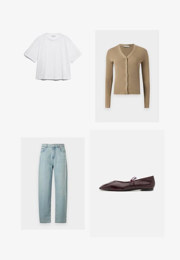 Cárdigan de punto beige acanalado con escote en V, mangas largas y cinco botones delanteros.; Camiseta de algodón blanca con manga corta, escote redondo, corte relajado y sin patrones o gráficos visibles. Textura suave y diseño sencillo.; Vaqueros de mezclilla de pierna recta en azul claro, con bolsillos delanteros, trabillas para cinturón y cierre de botón.; Bailarinas de cuero sintético burdeos con puntera puntiaguda y un lazo decorativo morado en el empeine; diseño de suela plana.