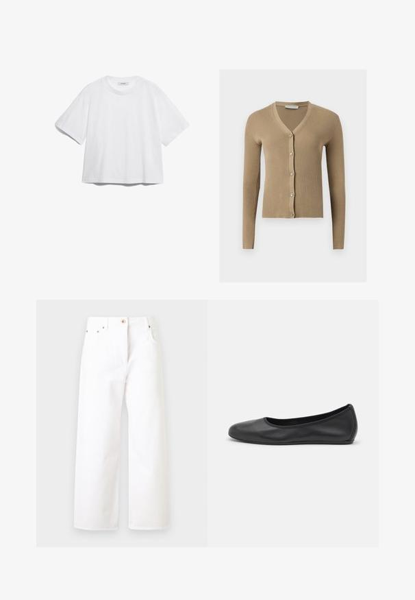 Beige Rippenstrick-Cardigan mit V-Ausschnitt, langen Ärmeln und fünf vorderen Knöpfen.; Weißes Baumwoll-T-Shirt mit kurzen Ärmeln, rundem Ausschnitt, lockerer Passform und ohne sichtbare Muster oder Grafiken. Glatte Textur und einfaches Design.; Weiße High-Waist-Jeans mit weitem Bein, Knopf- und Reißverschluss, Vordertaschen und Kupfernieten-Details.; Schwarze Leder-Ballettschuhe mit abgerundeter Spitze, glatter Textur, minimalen Nähdetails und einem flexiblen Sohlen-Design.