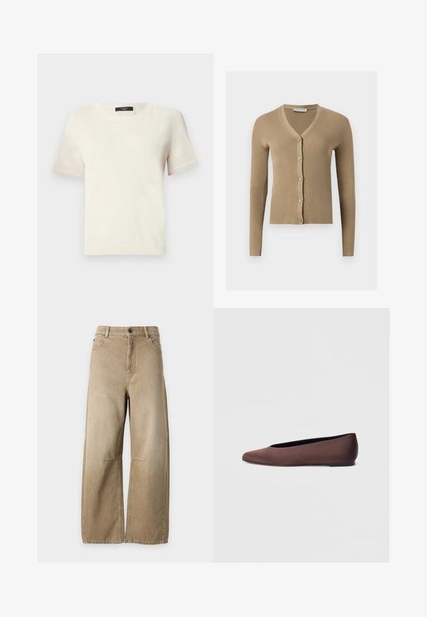 Cardigan beige en maille côtelée avec encolure en V, manches longues et cinq boutons à l'avant.; Pull en maille crème à manches courtes avec encolure ronde et finitions côtelées, présenté sur un fond clair uni.; Jean denim beige à jambes larges avec bouton à l’avant, fermeture éclair, poches avant et coutures visibles sur un fond clair uni.; Ballerines en tissu marron avec un bout pointu et une texture lisse, dotées d'un talon bas et d'une fine semelle noire. Aucune motif ni élément métallique visible.