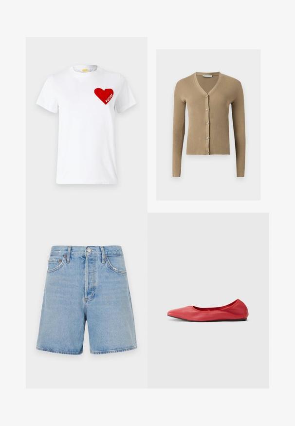 Cardigan beige en maille côtelée avec encolure en V, manches longues et cinq boutons à l'avant.; T-shirt en coton blanc avec un graphique en forme de cœur rouge portant le mot "FUTURE" à l'intérieur, manches courtes et design col rond.; Shorts en denim bleu clair à taille haute, avec cinq poches et une fermeture à bouton standard. Présente un léger effet délavé et une coupe droite.; Filippa K REY FLATS - Ballerines - bright red