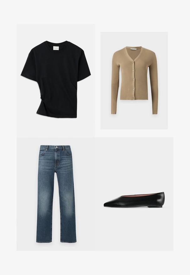 Cardigan beige en maille côtelée avec encolure en V, manches longues et cinq boutons à l'avant.; T-shirt noir en coton doux, doté d'un col rond, de manches courtes et d'un design légèrement torsadé pour une coupe décontractée.; Jean en denim bleu avec une coupe droite, présentant un délavage plus clair au niveau des cuisses, cinq poches et une fermeture à boutons à l'avant.; Chaussure plate en cuir noir pour femme, avec bout pointu et petit talon, vue de côté sur un fond gris clair uni.