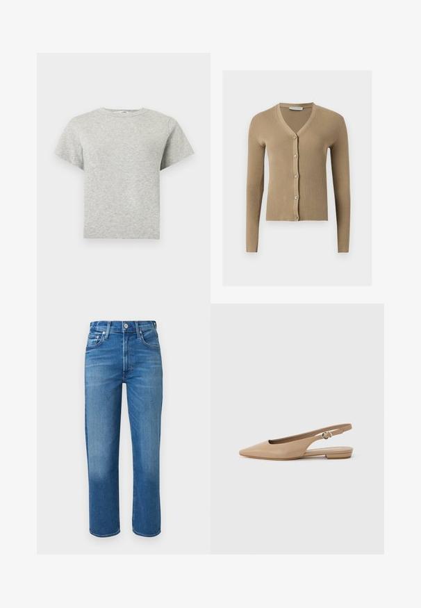 Cardigan beige en maille côtelée avec encolure en V, manches longues et cinq boutons à l'avant.; T-shirt gris clair à manches courtes, col rond, ourlet droit et tissu doux et texturé.; Jean bleu droit avec fermeture par bouton et fermeture éclair, poches avant et poche monnaie, et légère décoloration sur les cuisses et les genoux.; Chaussure plate beige à bout pointu avec bride arrière et petit talon, équipée d'une sangle ajustable à boucle, sur un fond clair uni.