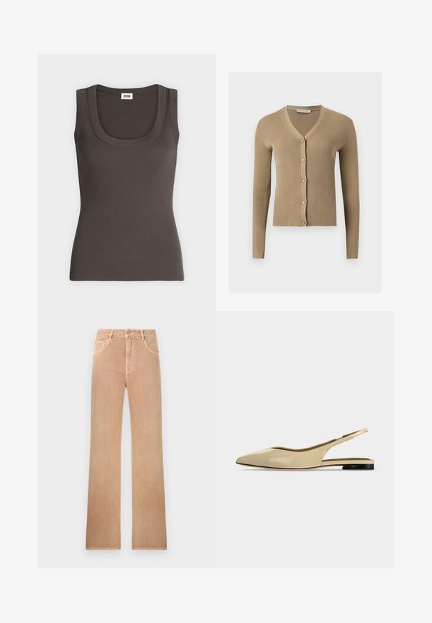Cardigan beige en maille côtelée avec encolure en V, manches longues et cinq boutons à l'avant.; Débardeur côtelé gris foncé sans manches avec encolure dégagée, présenté sur un fond blanc uni.; Jean taille haute à jambes droites de couleur marron clair avec bouton frontal, fermeture éclair, passants de ceinture et design à cinq poches.; Chaussure plate beige à bout pointu avec bride arrière, petit talon noir et finition en cuir lisse, vue de côté sur un fond uni.