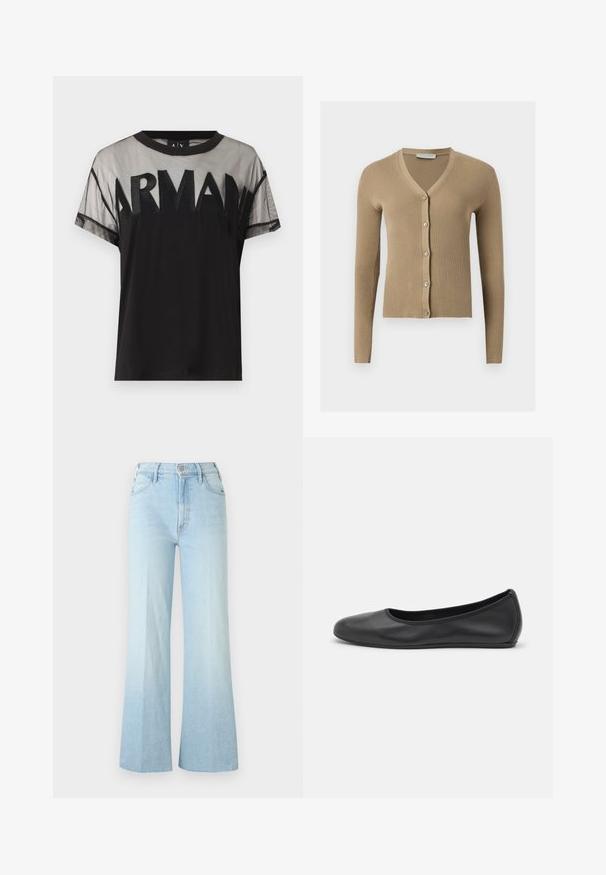 Cardigan beige en maille côtelée avec encolure en V, manches longues et cinq boutons à l'avant.; T-shirt noir à manches courtes avec une partie supérieure en maille transparente et un texte audacieux "ARMANI" sur la poitrine en tissu noir assorti.; Jean bleu clair taille haute à jambes larges avec bouton devant, fermeture éclair et poches, présenté sur un fond blanc uni.; Ballerines en cuir noir avec un bout rond, texture lisse, détails de couture minimalistes et design de semelle flexible.