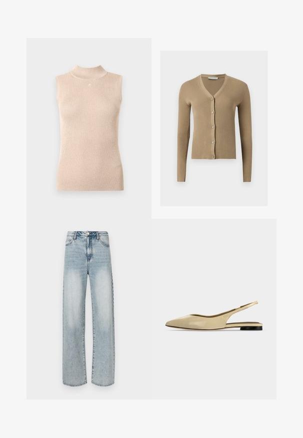 Cardigan beige en maille côtelée avec encolure en V, manches longues et cinq boutons à l'avant.; Haut sans manches à col montant en maille côtelée beige doux. Présente un léger éclat, une forme ajustée et un petit logo au niveau de l'encolure.; Jean large couleur bleu clair en denim, doté d'une taille haute, d'un design à cinq poches, d'une texture délavée et de détails de coutures visibles.; Chaussure plate beige à bout pointu avec bride arrière, petit talon noir et finition en cuir lisse, vue de côté sur un fond uni.