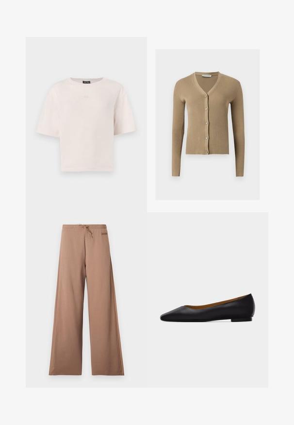 Cardigan beige en maille côtelée avec encolure en V, manches longues et cinq boutons à l'avant.; T-shirt rose clair à manches courtes en coton doux. Il présente un col rond et un logo "AX" en relief sur le devant. Coupe décontractée.; Pantalon marron à jambes larges avec taille élastique, cordon de serrage et petite écusson logo sur le côté droit près de la taille.; Chaussure plate en cuir noir à bout pointu avec talon bas et finition lisse, vue de côté sur un fond gris clair.