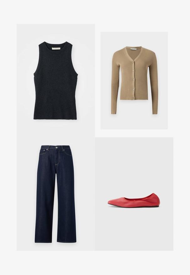 Cardigan beige en maille côtelée avec encolure en V, manches longues et cinq boutons à l'avant.; Débardeur en tricot gris foncé sans manches avec col rond, posé à plat sur un fond blanc.; Jean large en denim bleu foncé avec bouton frontal, fermeture à glissière, passants pour ceinture, et coutures visibles jaunes sur les poches et les coutures.; Filippa K REY FLATS - Ballerines - bright red