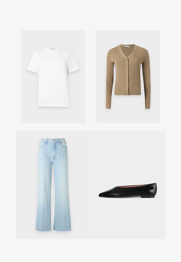 Cardigan beige en maille côtelée avec encolure en V, manches longues et cinq boutons à l'avant.; T-shirt blanc uni à manches courtes et col rond, coupe droite avec une petite étiquette de marque au niveau de l'encolure.; Jean bleu clair taille haute à jambes larges avec bouton devant, fermeture éclair et poches, présenté sur un fond blanc uni.; Chaussure plate en cuir noir pour femme, avec bout pointu et petit talon, vue de côté sur un fond gris clair uni.