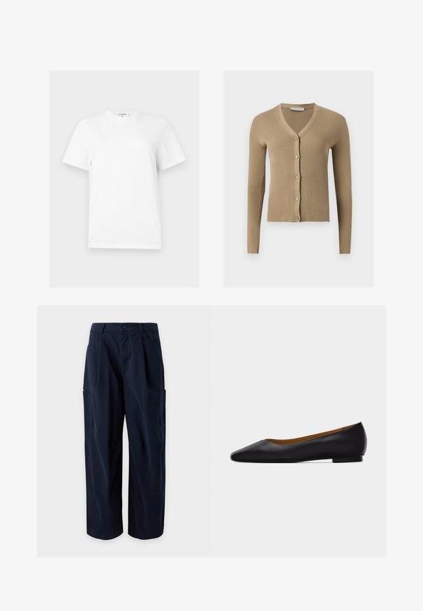 Cardigan beige en maille côtelée avec encolure en V, manches longues et cinq boutons à l'avant.; T-shirt blanc uni à manches courtes et col rond, coupe droite avec une petite étiquette de marque au niveau de l'encolure.; Pantalon cargo bleu marine à jambes larges, passants de ceinture, fermeture à l'avant, poches latérales et deux grandes poches sur les cuisses, exposé sur un fond uni.; Chaussure plate en cuir noir à bout pointu avec talon bas et finition lisse, vue de côté sur un fond gris clair.