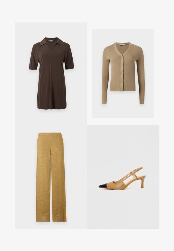 Cardigan beige en maille côtelée avec encolure en V, manches longues et cinq boutons à l'avant.; Robe polo marron foncé à manches courtes avec col et encolure en V, présentée sur un fond clair uni.; Pantalon taille haute à jambes larges en lin marron clair, avec un devant lisse et un design minimaliste.; Escarpins slingback couleur fauve avec embout pointu noir, côtés découpés et talon bloc de hauteur moyenne. Matière en cuir lisse.