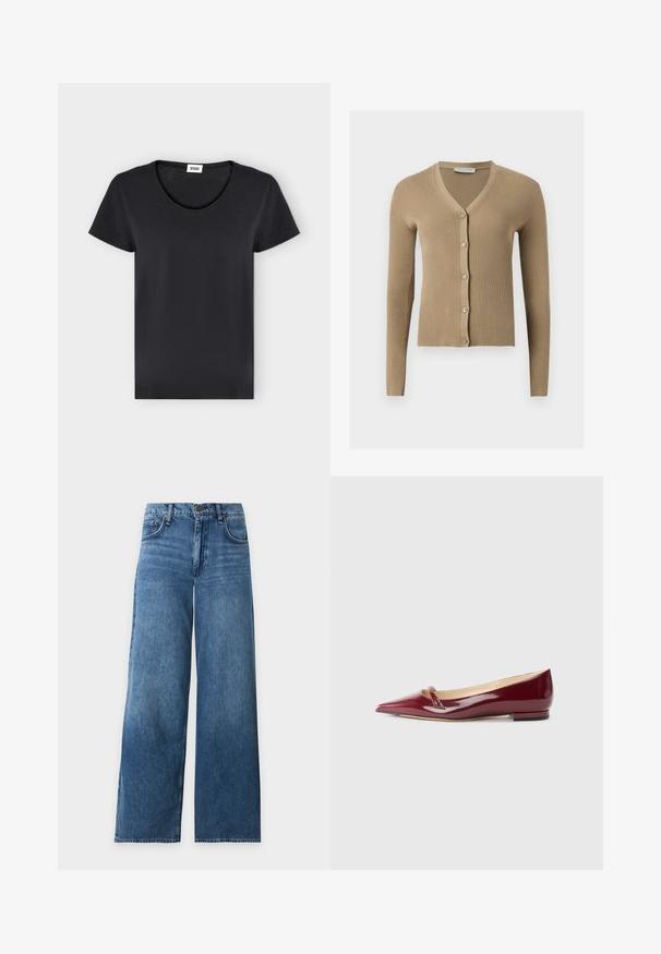 Cardigan beige en maille côtelée avec encolure en V, manches longues et cinq boutons à l'avant.; T-shirt noir uni à manches courtes avec col rond et petite étiquette de marque blanche à l'intérieur du col.; Jean en denim bleu à jambes larges avec cinq poches, fermeture à boutons et passants pour ceinture, posé à plat sur fond blanc.; Ballerines en cuir verni bordeaux avec un bout pointu, présentant un petit détail découpé et un petit talon. Texture lisse et design épuré.