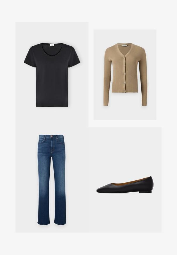 Cardigan beige en maille côtelée avec encolure en V, manches longues et cinq boutons à l'avant.; T-shirt noir uni à manches courtes avec col rond et petite étiquette de marque blanche à l'intérieur du col.; Jeans en denim, bleu moyen, taille ajustée, jambe droite, légère décoloration à l'ourlet, conception à cinq poches, fermeture par bouton en métal.; Chaussure plate en cuir noir à bout pointu avec talon bas et finition lisse, vue de côté sur un fond gris clair.