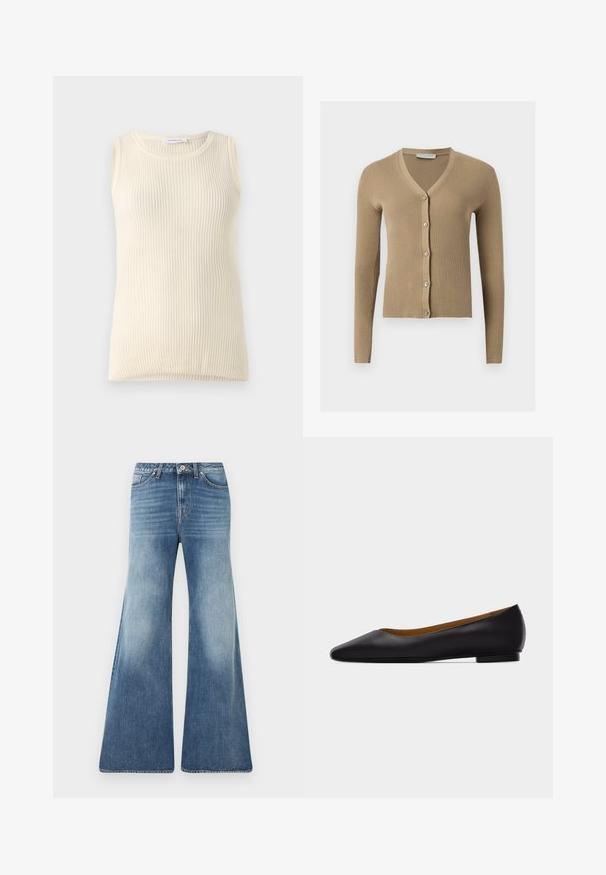 Beige geribbelde gebreide cardigan met V-hals, lange mouwen en vijf knopen aan de voorkant.; Mouwloze crèmekleurige top met geribbelde textuur en ronde hals. De stof lijkt zacht, met een aansluitende pasvorm en zonder zichtbare patronen of accenten.; Blauwe high-waist jeans met wijde pijpen, vervaagde voorkant, vijf zakken, riemlussen en knoopsluiting tegen een witte achtergrond.; Zwarte leren puntschoen met lage hak en gladde afwerking, zijaanzicht op een lichtgrijze achtergrond.