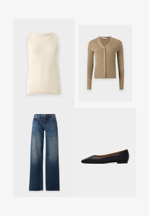 Cardigan beige en maille côtelée avec encolure en V, manches longues et cinq boutons à l'avant.; Haut sans manches crème avec une texture côtelée et un col rond. Le tissu semble doux, avec une coupe ajustée et sans motifs ni accents visibles.; Jean en denim bleu coupe droite avec un léger délavage au niveau des cuisses, style cinq poches et fermeture par bouton à la taille.; Chaussure plate en cuir noir à bout pointu avec talon bas et finition lisse, vue de côté sur un fond gris clair.
