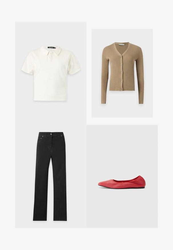 Cardigan beige en maille côtelée avec encolure en V, manches longues et cinq boutons à l'avant.; Polo blanc à manches courtes avec deux boutons et un col, présenté sur un fond clair uni.; Jean noir coupe droite avec poches avant, passants de ceinture et fermeture par bouton à la taille sur un fond clair uni.; Filippa K REY FLATS - Ballerines - bright red