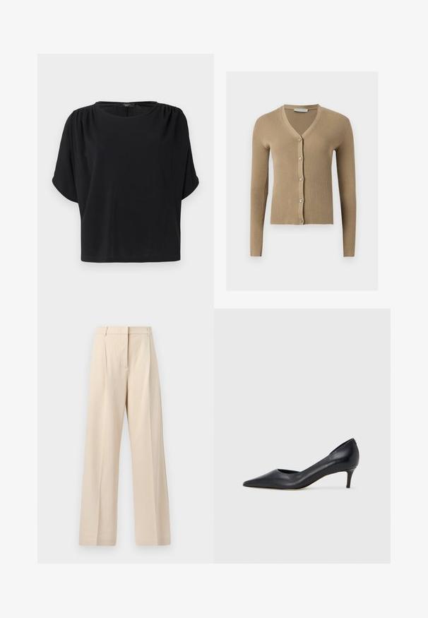 Cardigan beige en maille côtelée avec encolure en V, manches longues et cinq boutons à l'avant.; Haut noir à manches courtes avec une coupe décontractée, un col rond et des détails froncés aux épaules, confectionné dans un tissu doux et léger.; Pantalon beige taille haute à jambes larges avec plis sur le devant et fermeture éclair dissimulée, fabriqué en tissu texturé.; Escarpin en cuir noir avec un bout pointu et un talon bas. Présente une texture lisse et un éclat subtil. Découpe ouverte à l'avant pour un détail supplémentaire.