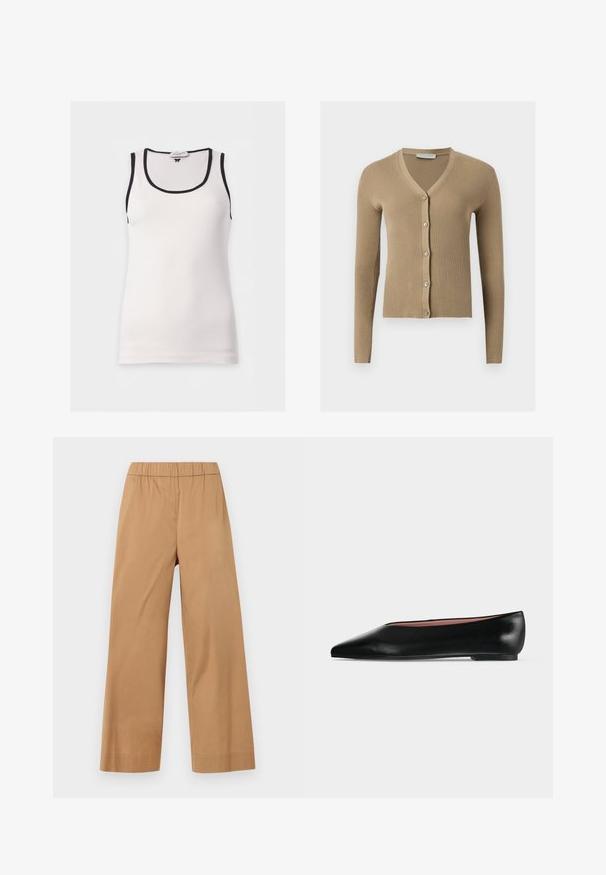 Cardigan beige en maille côtelée avec encolure en V, manches longues et cinq boutons à l'avant.; Débardeur blanc sans manches avec bordure noire autour de l'encolure et des emmanchures sur un fond uni.; Pantalon beige à jambes larges avec taille élastique, sans poches ni fermetures visibles, présenté sur un fond clair uni.; Chaussure plate en cuir noir pour femme, avec bout pointu et petit talon, vue de côté sur un fond gris clair uni.