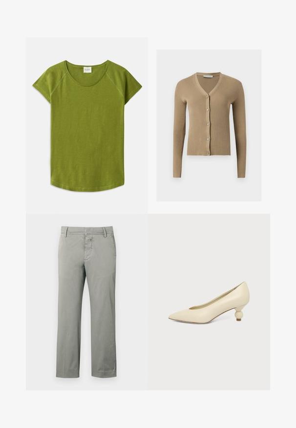 Cardigan beige en maille côtelée avec encolure en V, manches longues et cinq boutons à l'avant.; T-shirt vert à manches courtes en tissu doux. Présente un col rond et une coupe décontractée. Design épuré sans motifs ni accents visibles.; Chinos gris clair en coton, avec une coupe droite, des passants pour ceinture, des poches avant, et une braguette zippée avec fermeture par bouton.; Chaussure femme couleur crème à bout pointu avec un petit talon rond en forme de boule, sur fond uni.