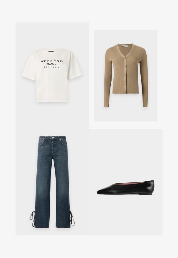 Cardigan beige en maille côtelée avec encolure en V, manches longues et cinq boutons à l'avant.; T-shirt blanc à manches courtes avec texte noir imprimé "WEEKEND MaxMara EST. 1983" centré sur le devant.; Jean large bleu foncé avec poches avant et liens en bas des ourlets sur fond uni.; Chaussure plate en cuir noir pour femme, avec bout pointu et petit talon, vue de côté sur un fond gris clair uni.
