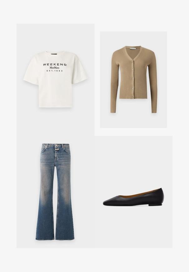 Cardigan beige en maille côtelée avec encolure en V, manches longues et cinq boutons à l'avant.; T-shirt blanc à manches courtes avec texte noir imprimé "WEEKEND MaxMara EST. 1983" centré sur le devant.; Jean en denim bleu délavé avec une taille haute, style classique cinq poches, fermeture par boutons et jambes évasées larges.; Chaussure plate en cuir noir à bout pointu avec talon bas et finition lisse, vue de côté sur un fond gris clair.