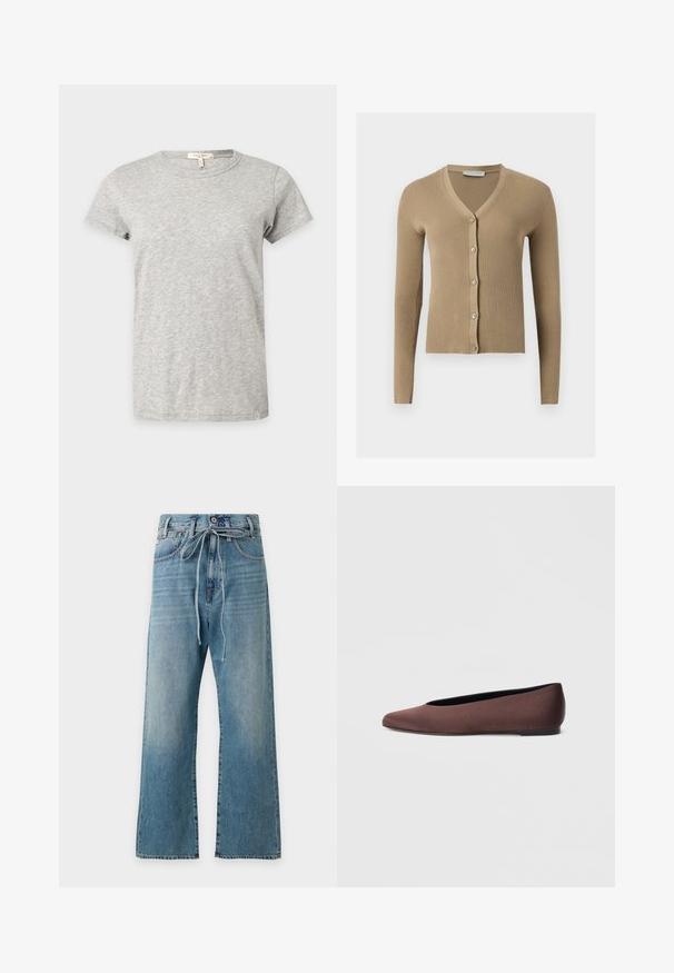 Cardigan beige en maille côtelée avec encolure en V, manches longues et cinq boutons à l'avant.; T-shirt gris clair à manches courtes et col rond avec un motif chiné subtil affiché sur un fond uni.; Jean en denim bleu taille haute avec jambes larges et ceinture en tissu nouée à la taille, présenté sur un fond clair uni.; Ballerines en tissu marron avec un bout pointu et une texture lisse, dotées d'un talon bas et d'une fine semelle noire. Aucune motif ni élément métallique visible.