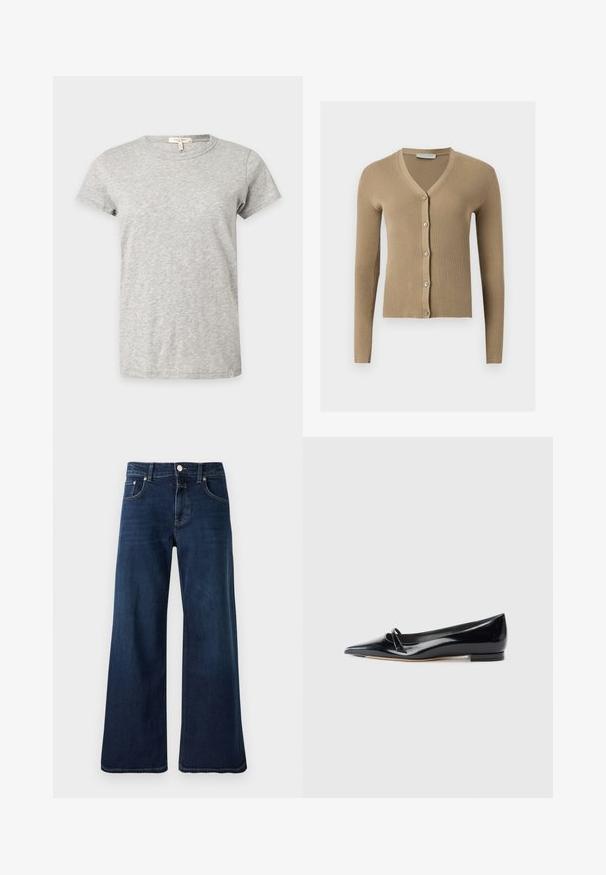 Cardigan beige en maille côtelée avec encolure en V, manches longues et cinq boutons à l'avant.; T-shirt gris clair à manches courtes et col rond avec un motif chiné subtil affiché sur un fond uni.; Jean taille haute bleu foncé à jambes larges avec bouton et fermeture éclair à l'avant, poches avant et arrière, et passants pour ceinture.; Chaussure plate en cuir verni noir avec un bout pointu, une petite lanière décorative et un petit talon carré. Texture lisse et design épuré.