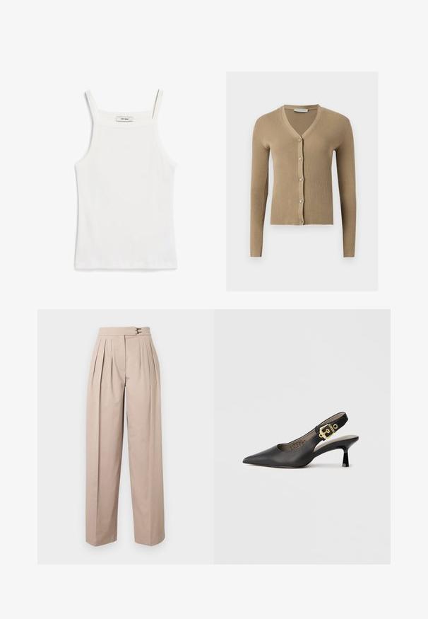 Cardigan beige en maille côtelée avec encolure en V, manches longues et cinq boutons à l'avant.; Débardeur blanc à fines bretelles, en tissu de coton côtelé, avec un décolleté droit et une finition soignée à l'ourlet.; Pantalon beige à jambes larges avec plis, deux fermetures métalliques à la taille et une texture lisse en coton. Pas de poches visibles.; Chaussure à talon haut noire à bride arrière, avec un bout pointu, une texture en cuir lisse et une accent de boucle dorée sur la bride.