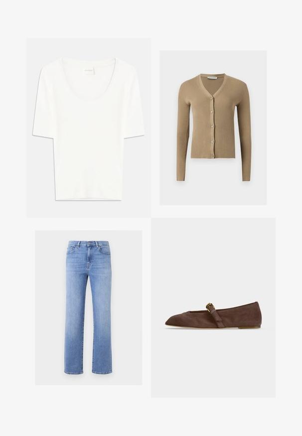 Cárdigan de punto beige acanalado con escote en V, mangas largas y cinco botones delanteros.; Camiseta blanca de manga corta con cuello redondo. Confeccionada en suave tejido de algodón, presenta un corte relajado y un diseño minimalista.; Vaqueros de mezclilla azul claro con corte de pierna recta, cierre de botón, bolsillos delanteros y costuras visibles sobre un fondo liso.; Zapato plano de ante marrón con punta en pico y correa con hebilla dorada a un lado, mostrado de perfil contra fondo blanco.