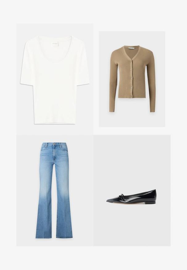 Cardigan beige en maille côtelée avec encolure en V, manches longues et cinq boutons à l'avant.; T-shirt blanc à manches courtes avec un col rond. Fabriqué en coton doux, il présente une coupe décontractée et un design minimaliste.; Jean bleu clair taille haute avec jambes évasées, cinq poches et fermeture par bouton et fermeture éclair à l'avant.; Chaussure plate en cuir verni noir avec un bout pointu, une petite lanière décorative et un petit talon carré. Texture lisse et design épuré.