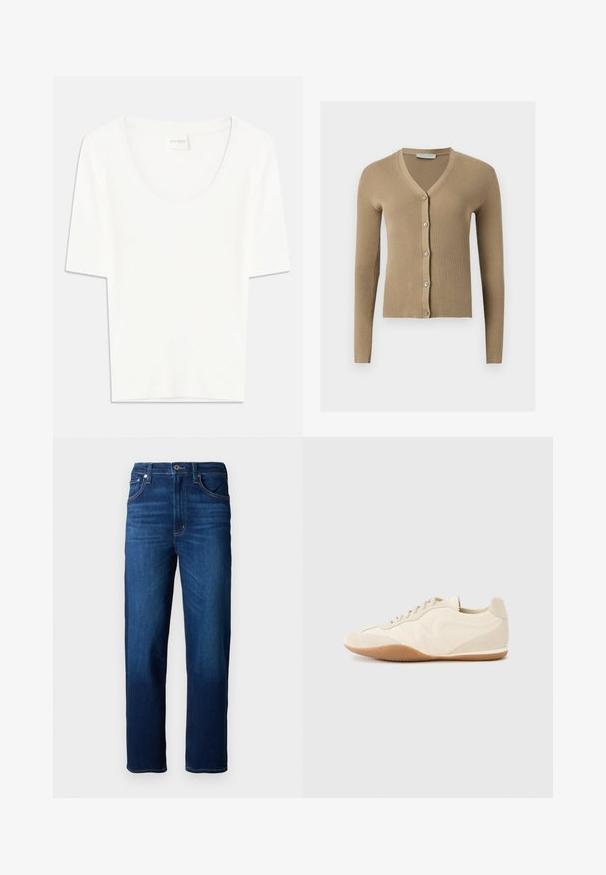 Beige ribstrikket cardigan med V-hals, lange ærmer og fem knapper foran.; Hvid kortærmet T-shirt med rund halsudskæring. Fremstillet af blødt bomuldsstof, har den en afslappet pasform og minimalistisk design.; Mørkeblå denimjeans med lige pasform, fem lommer, synlige syninger og knaplukning. Glat tekstur.; Lyse beige sneakers med en tekstureret læderoverdel, teksturerede sider og en gummisål. Har et slankt, strømlinet design og flade snørebånd.
