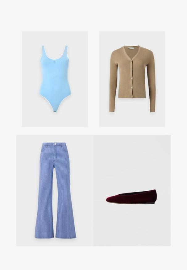Cardigan beige en maille côtelée avec encolure en V, manches longues et cinq boutons à l'avant.; Body sans manches bleu clair avec encolure dégagée et bordure blanche, avec un petit logo centré sur la poitrine.; Pantalon large taille haute bleu à fines rayures verticales blanches, fermeture à boutons sur le devant et poches avant sur un fond clair.; Ballerines en velours bordeaux avec un bout arrondi et un talon bas, présentant une texture lisse et un design élégant.
