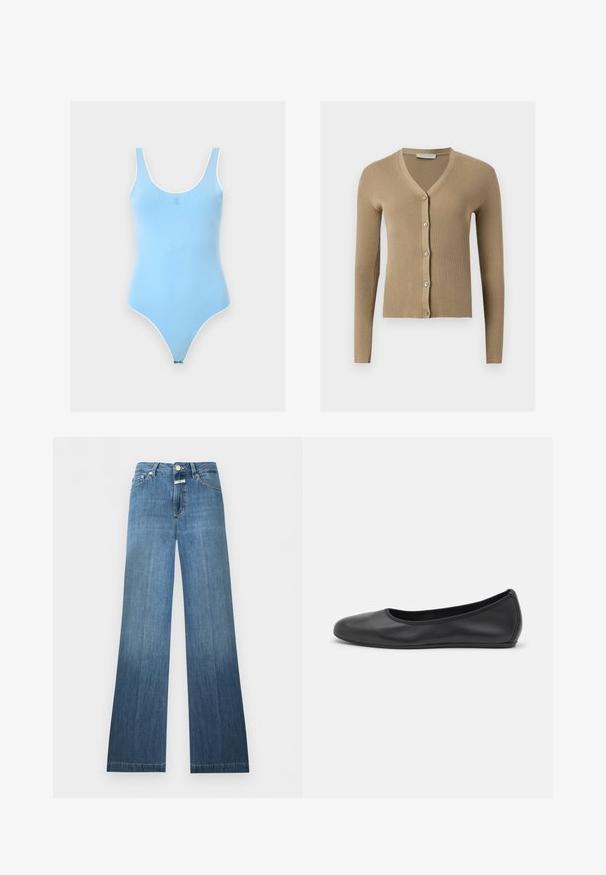 Cardigan beige en maille côtelée avec encolure en V, manches longues et cinq boutons à l'avant.; Body sans manches bleu clair avec encolure dégagée et bordure blanche, avec un petit logo centré sur la poitrine.; Jean en denim bleu à taille haute, fermeture à boutons, poches avant et arrière, et légère évasement en bas.; Ballerines en cuir noir avec un bout rond, texture lisse, détails de couture minimalistes et design de semelle flexible.