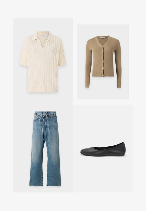 Beige ribstrikket cardigan med V-hals, lange ærmer og fem knapper foran.; Cremefarvet kortærmet polo med V-hals, med ribbet tekstur, åbenstrik design og solid krave.; Højttaljede blå denimjeans med brede ben og et bundet stofbælte i taljen, vist på en ensfarvet lys baggrund.; Sort læderballetsko med rund tå, glat tekstur, minimal syning og et fleksibelt såldesign.