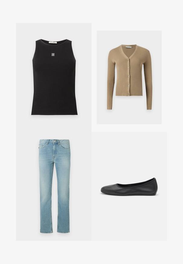Beige ribbestrikket cardigan med V-hals, lange ermer og fem knapper foran.; Svart ermeløs ribbestrikket tanktopp med rund hals og lite hvitt brodert logo midt på brystet.; Lys blå denimjeans med rett ben-design, fem-lomme stil, knappeåpning og subtil fading gjennom hele.; Svart skinnballettflatt med rund tå, glatt tekstur, minimal sømdetalj, og et fleksibelt såledesign.