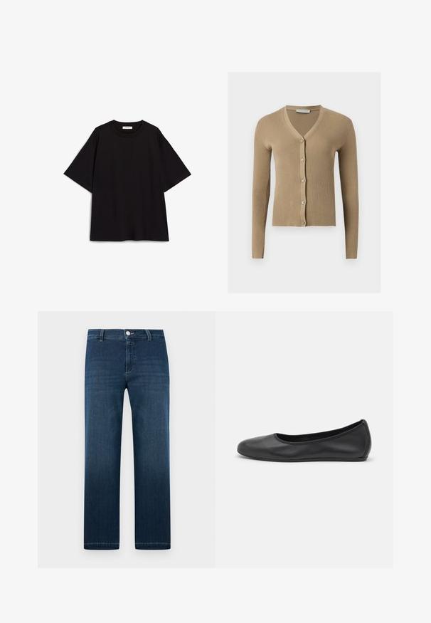 Beige Rippenstrick-Cardigan mit V-Ausschnitt, langen Ärmeln und fünf vorderen Knöpfen.; Schwarzes Baumwoll-T-Shirt mit lockerem Schnitt, kurzen Ärmeln, rundem Ausschnitt und glatter Textur. Keine Muster oder Akzente.; Dunkelblaue Straight-Leg-Denim-Jeans mit vorderer Knopf- und Reißverschluss, Gürtelschlaufen und dezentem Verblassen an den Oberschenkeln.; Schwarze Leder-Ballettschuhe mit abgerundeter Spitze, glatter Textur, minimalen Nähdetails und einem flexiblen Sohlen-Design.