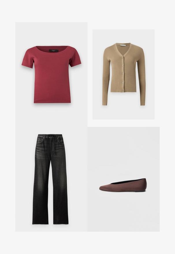 Cardigan beige en maille côtelée avec encolure en V, manches longues et cinq boutons à l'avant.; Haut pour femmes à manches courtes, de couleur rose foncé, avec un large décolleté en arrondi et une coupe ajustée, posé à plat sur un fond blanc.; Jean large noir en denim avec taille élastique et cordon, doté de poches avant et de détails légèrement décolorés.; Ballerines en tissu marron avec un bout pointu et une texture lisse, dotées d'un talon bas et d'une fine semelle noire. Aucune motif ni élément métallique visible.