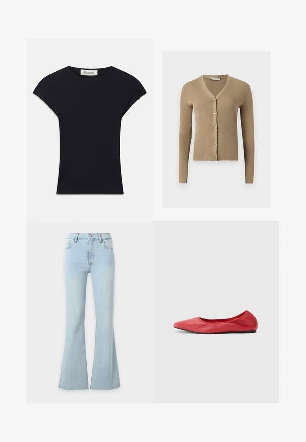 Beige ribstrikket cardigan med V-hals, lange ærmer og fem knapper foran.; Sort kortærmet top lavet af blødt stof, med rund halsudskæring og en tætsiddende form med diskrete skulderdetaljer. Mærke synligt.; Lyseblå højttaljede cowboybukser med vidde ben, knap- og lynlåslukning, for- og baglommer.; Filippa K REY FLATS - Ballerinasko - bright red