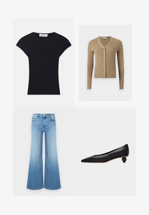 Beige ribstrikket cardigan med V-hals, lange ærmer og fem knapper foran.; Sort kortærmet top lavet af blødt stof, med rund halsudskæring og en tætsiddende form med diskrete skulderdetaljer. Mærke synligt.; Lyseblå denimbukser med vidde, med høj talje, to forlommer og en rå kant nederst.; Sort spids tå lavhælet sko med en unik rund skulptureret hæl og glat læderoverdel, vist fra siden på en hvid baggrund.
