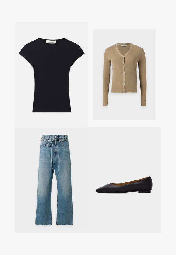Beige Rippenstrick-Cardigan mit V-Ausschnitt, langen Ärmeln und fünf vorderen Knöpfen.; Schwarzes Kurzarmoberteil aus weichem Stoff, mit einem runden Ausschnitt und einer figurbetonten Form, die subtile Schulterakzente setzt. Etikett sichtbar.; Hoch taillierte blaue Denim-Jeans mit weitem Bein und einem gebundenen Stoffgürtel in der Taille, gezeigt vor einem schlichten hellen Hintergrund.; Schwarzer flacher Schuh aus Leder mit spitz zulaufender Vorderkappe, niedrigem Absatz und glatter Oberfläche, von der Seite vor einem hellgrauen Hintergrund dargestellt.